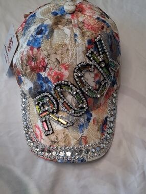 Embellished Floral Rhinestone 'ROCK" Baseball Cap - Blue Pink Tan